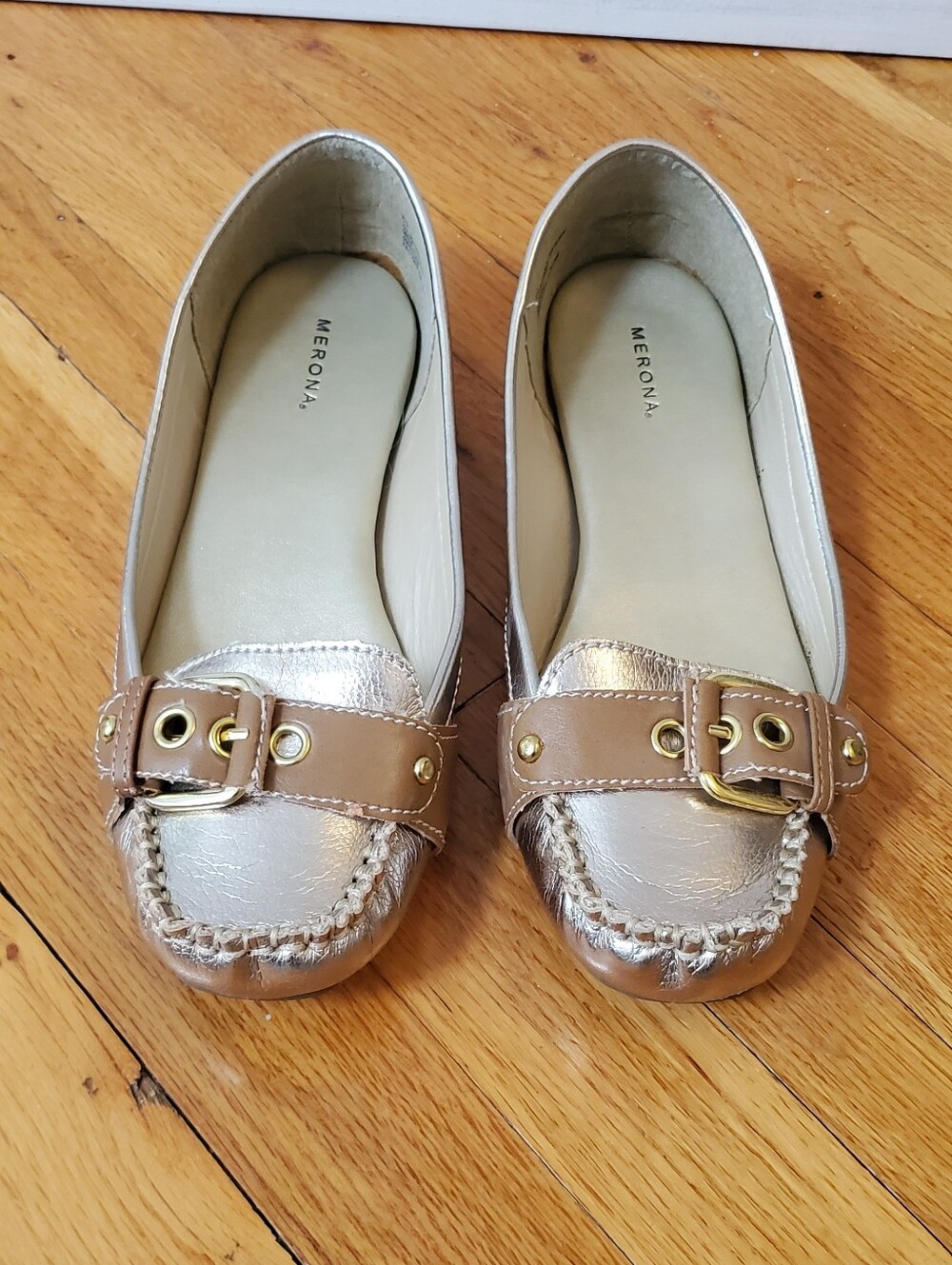 Merona Metallic Gold & Tan Buckle Loafers